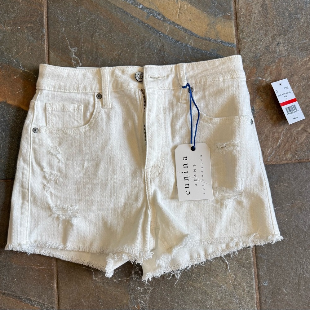 eunina White Frayed High-Rise Denim Shorts